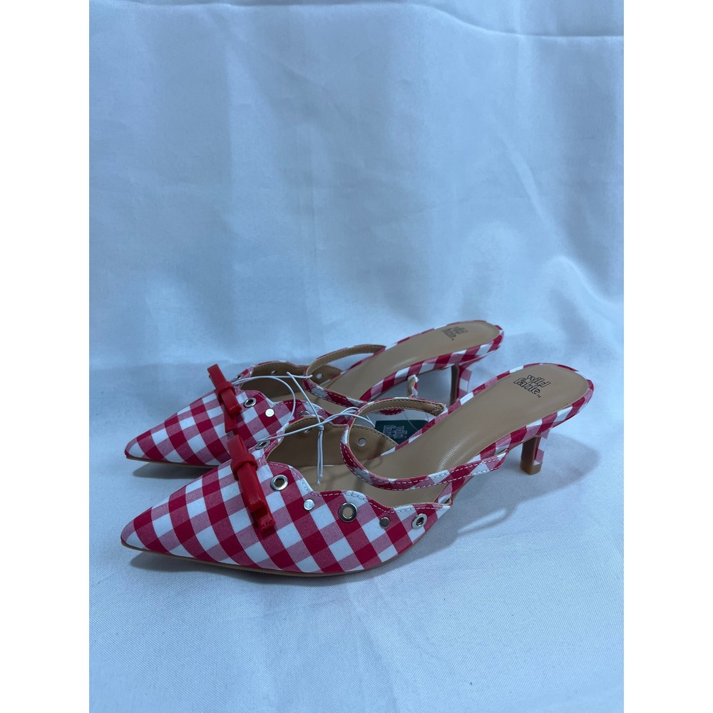 Wild Fable‎ Red Gingham Kitten Heel Mules Pointed Toe Bow Grommet Shoes Womens 8
